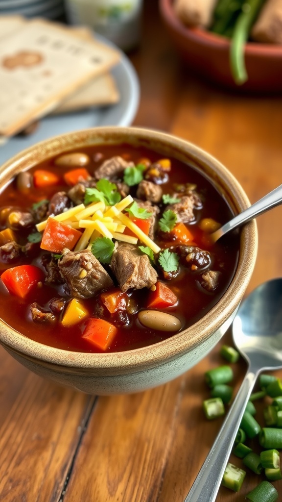 A bowl of hearty brisket chili with beans, garnished with cilantro and cheese, set on a rustic table.